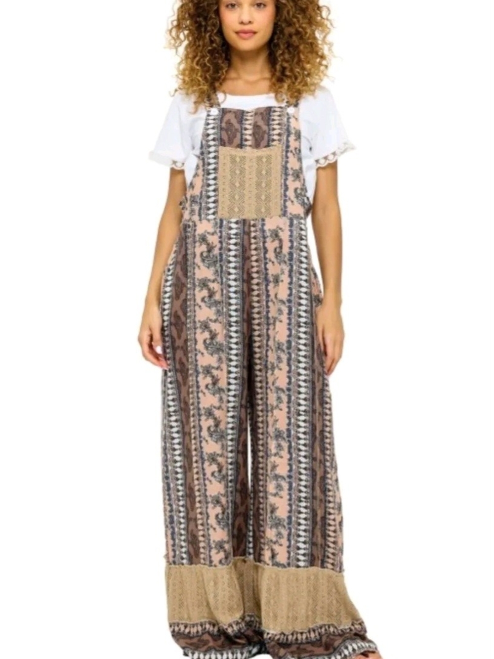 Boho Patchwork Wide-Leg Jumpsuit in Pink and Beige